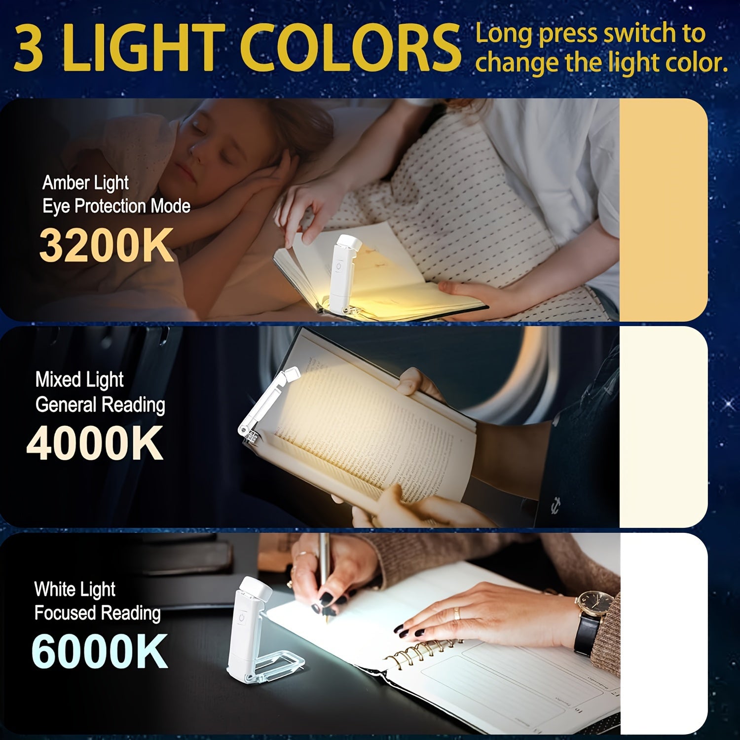 [Portable Reading Light] USB Rechargeable Mini Portable Folding Reading Light | 3 Lighting Colors, 3 Adjustable Brightness, Eye Protection, Book Clips, Easy to Store for Night Reading