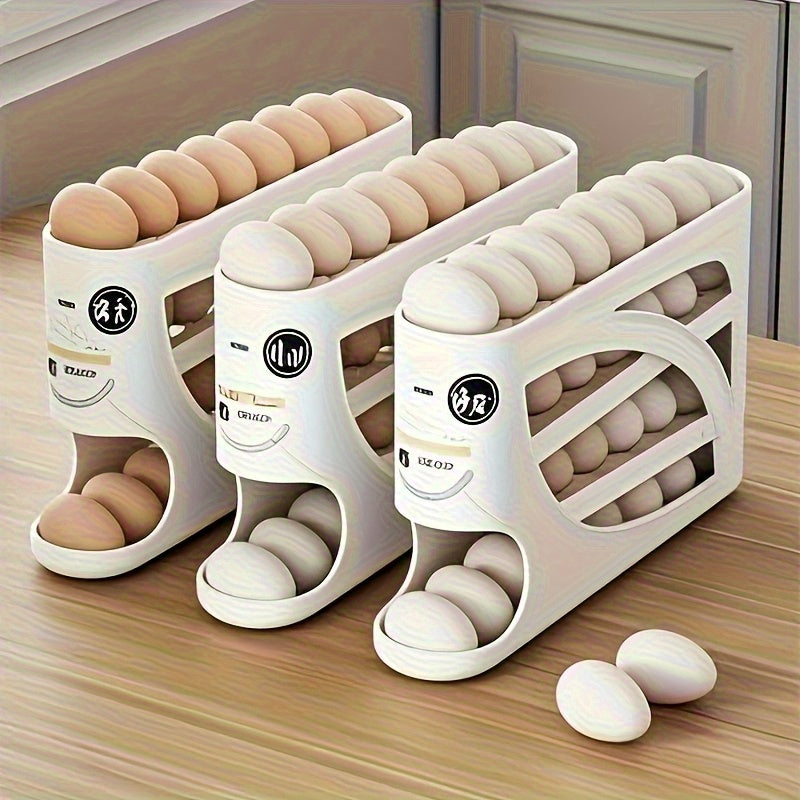 [Space-Saving Egg Holder] Space-Saving 4-Tier Rolling Egg Holder - Side Door Design, Holds 30 Eggs, Smooth Glossy Finish, Convenient Handle | Kitchen & Fridge Storage | Modern Durable Plastic Accessory