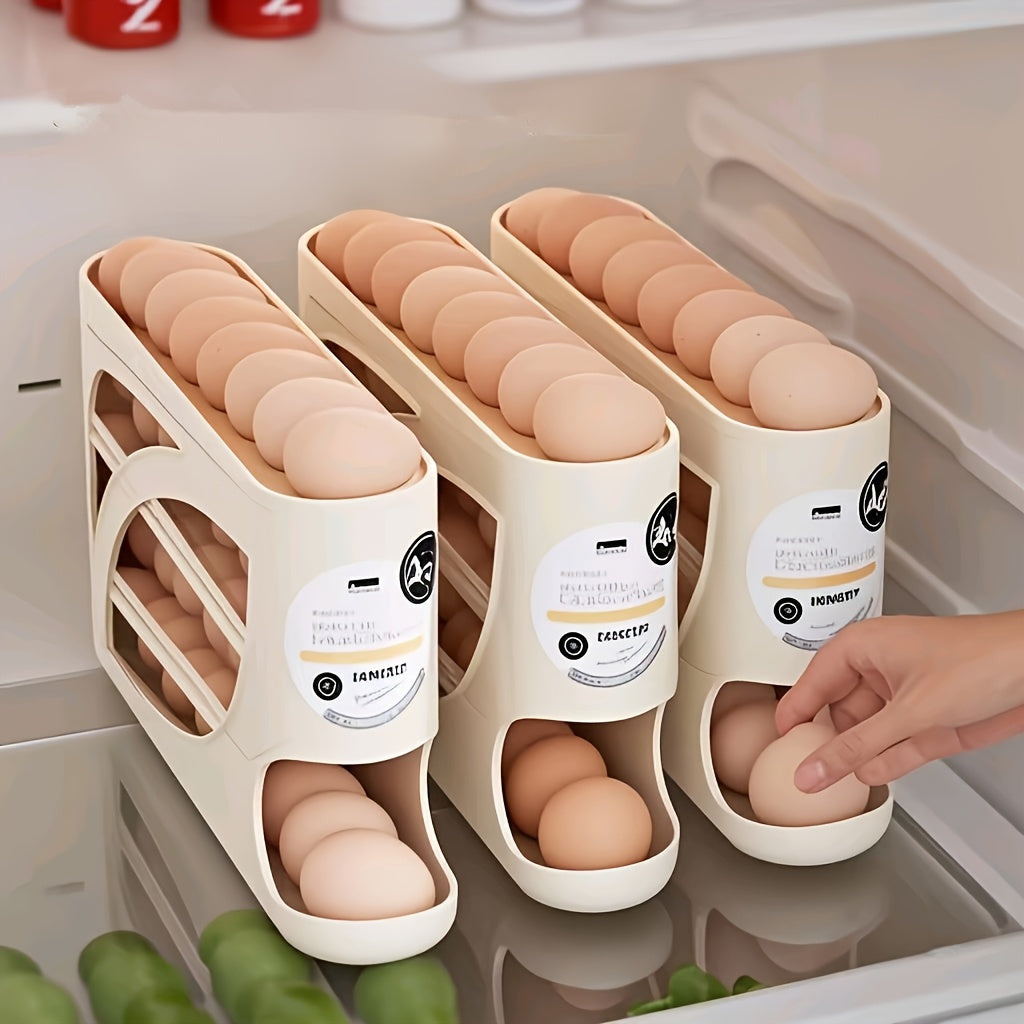 [Space-Saving Egg Holder] Space-Saving 4-Tier Rolling Egg Holder - Side Door Design, Holds 30 Eggs, Smooth Glossy Finish, Convenient Handle | Kitchen & Fridge Storage | Modern Durable Plastic Accessory