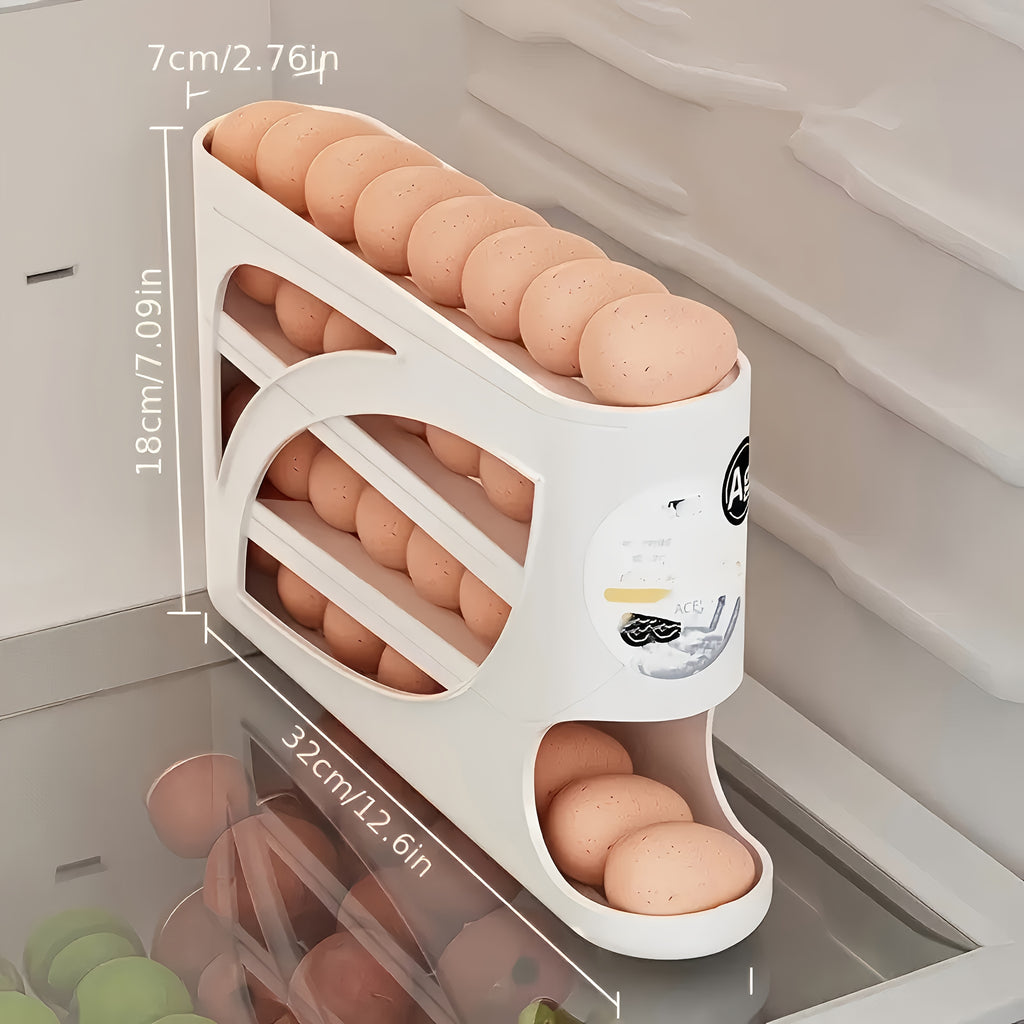 [Space-Saving Egg Holder] Space-Saving 4-Tier Rolling Egg Holder - Side Door Design, Holds 30 Eggs, Smooth Glossy Finish, Convenient Handle | Kitchen & Fridge Storage | Modern Durable Plastic Accessory