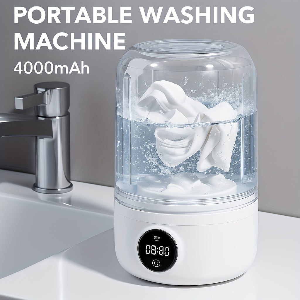 Compact USB Rechargeable Mini Portable Washing Machine with 4000mAh Battery | Travel Laundry Washer for Bra, Underwear, Socks | Compact Electric Cleaner with LED Display, One-Touch Operation, Space-Saving Design for Dorm, RV, Bathroom, Vertical Storage,