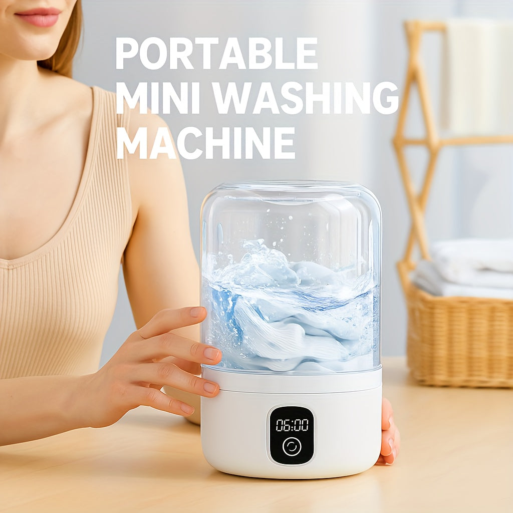 Compact USB Rechargeable Mini Portable Washing Machine with 4000mAh Battery | Travel Laundry Washer for Bra, Underwear, Socks | Compact Electric Cleaner with LED Display, One-Touch Operation, Space-Saving Design for Dorm, RV, Bathroom, Vertical Storage,