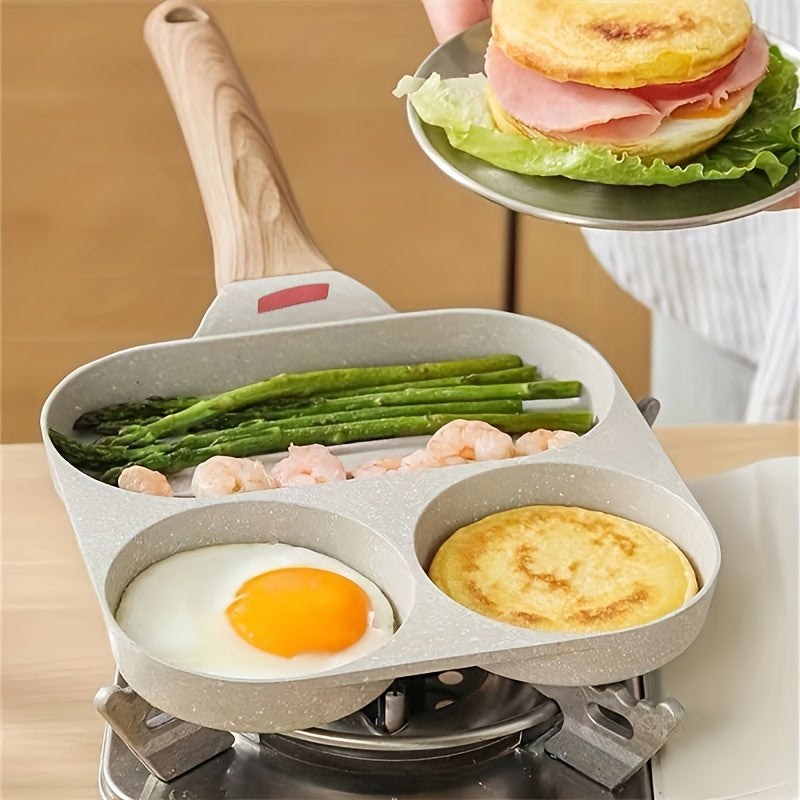 Maifanshi Non-Stick Aluminum Frying Pan - 4-Compartment, Multi-Use for Breakfast, Easy Clean, Ergonomic Wooden Handle, 1pc