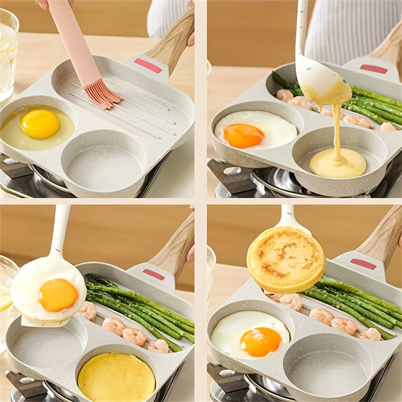 Maifanshi Non-Stick Aluminum Frying Pan - 4-Compartment, Multi-Use for Breakfast, Easy Clean, Ergonomic Wooden Handle, 1pc